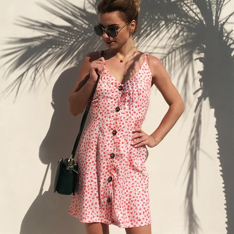 Image Summer Dress Button Cotton Linen Patterned Casual Summer Dress 2019 Sexy Off Shoulder V Neck Female Dresses Woman Party Night