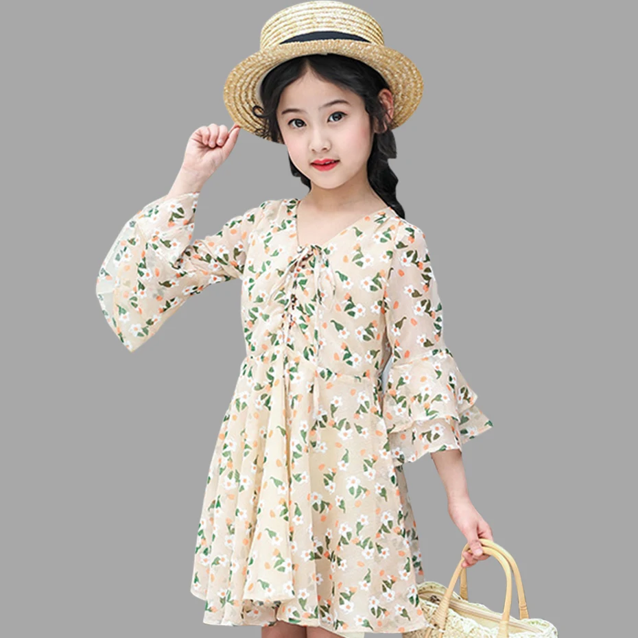 Платья для девочек, Летнее Детское платье с открытыми плечами шифоновое платье с цветочным рисунком детская одежда с расклешенными рукавами для детей 4, 6, 8, 10, 12 лет