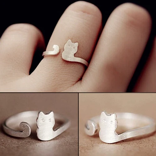 

Women Fashion Jewelry Xmas Gift Cartoon Cat Sliver Plated Open Adjustable Ring