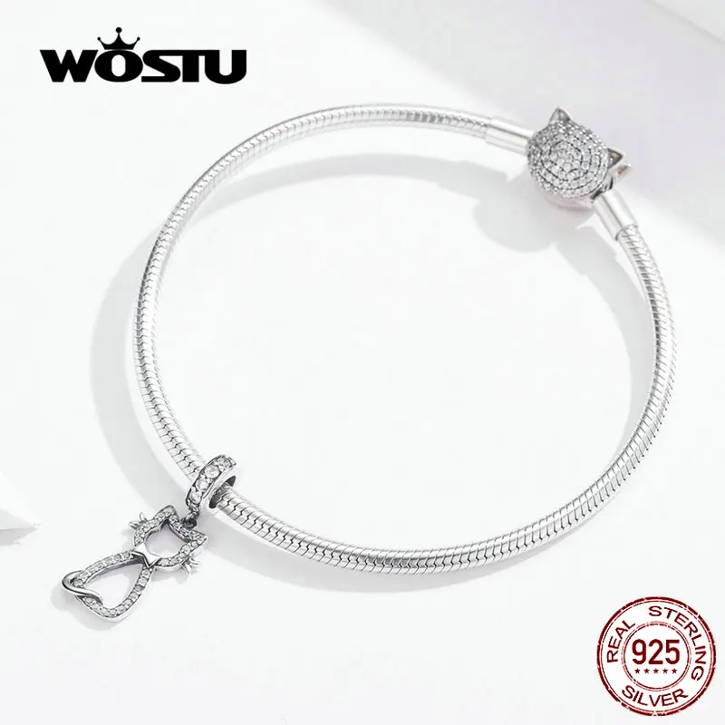 WOSTU Сладкий кот Подвеска в виде животного Шарм 925 пробы серебро циркон бусины