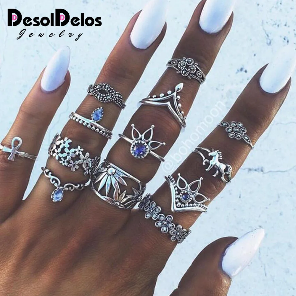 

Bohemian Punk Crystal Stone Rings 13Pcs/set For Women Antique Silver Horse Flower Inifinite Ring Set Anillos Mujer