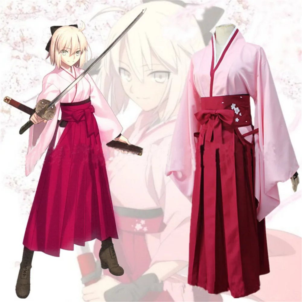 Косплей Аниме Fate/Grand Order Okita Souji костюмы Сэйбер платье японское Розовое Кимоно для