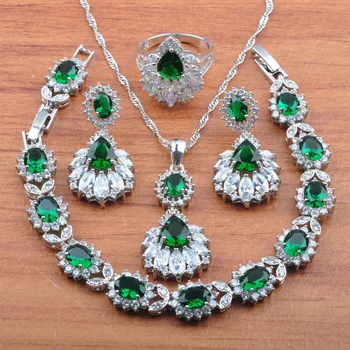 

Wedding Costume Jewelry Sets Austria Crystal Green Zirconia Silver Color Women Bridal Bracelet Necklace And Earrings Sets JS476