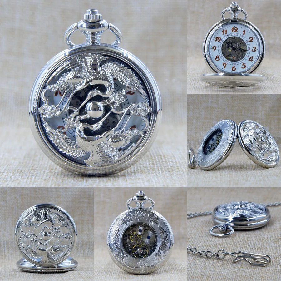 

New Fashion Silver Double Flying Crane Sun Hollow Mechanical Hand Wind Pocket Watch Skeleton Men Women Watch Chain+Gift Box M069