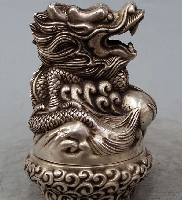 

7" Marked China Chinese Dynasty Silver Dragon Statue Incense Burner Censer R0715 B0403