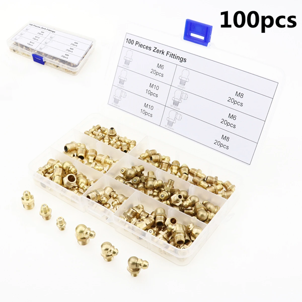 100pcs Hydraulic Metric Brass Zerk Grease Nipple Fitting Assortment M6