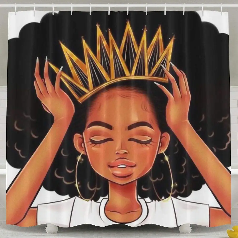 

African American Women Girl with Crown Waterproof Polyester Fabric Afro Girls Queen Princess Bath Curtains
