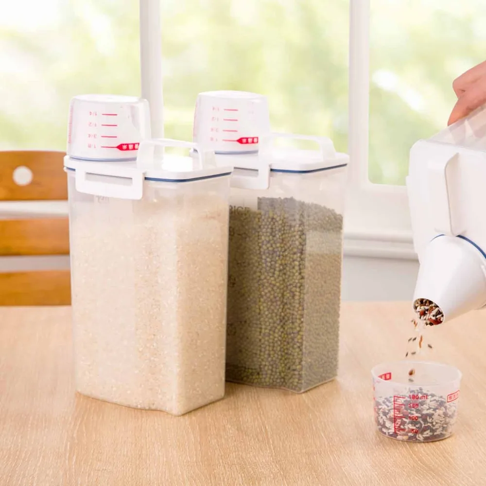 

2.3L Kitchen Rice Storage Box Grain Container with Measuring Cup Plastic Sealed Flour Rice Boxes Kitchen Organizer High Quality