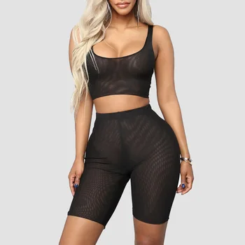 

2 piece set women tracksuit mesh tank top workout crop top and black gym high waist shorts work out clothing two short set
