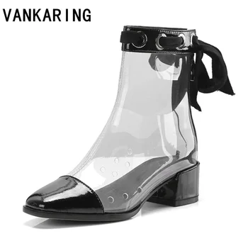 

VANKARING brand black transparent ankle summer rain boots woman chunky high heels leather autumn booties boots women dress shoes