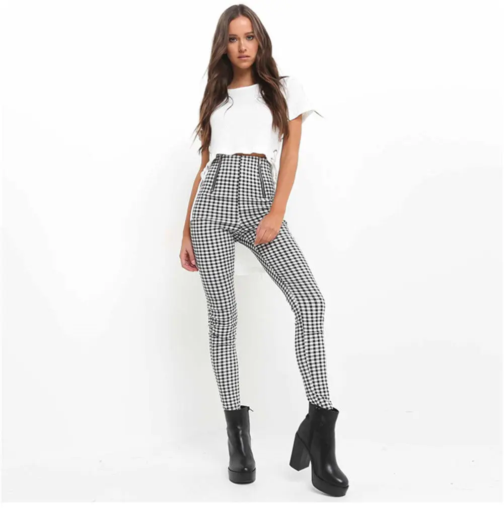 

Women's High Waist Casual Elastic Zip-up Plaid Sexy Long Pants Fitness Pencil Trousers