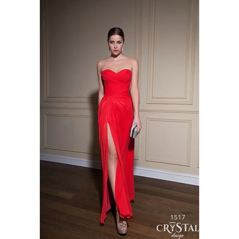 2017 Red Prom Dresses Sweetheart Ruched Chiffon A line Gowns High Slit Backless Dress Custom Made | Свадьбы и торжества