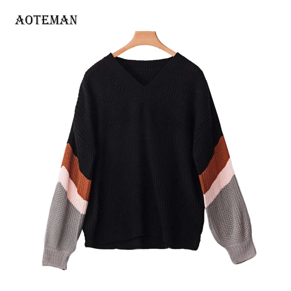 

New Autumn Winter Sweater Women 2019 Warm V Neck Long Sleeve Patchwork Oversized Sweater Casual Pullover Loose Knitted Sweaters