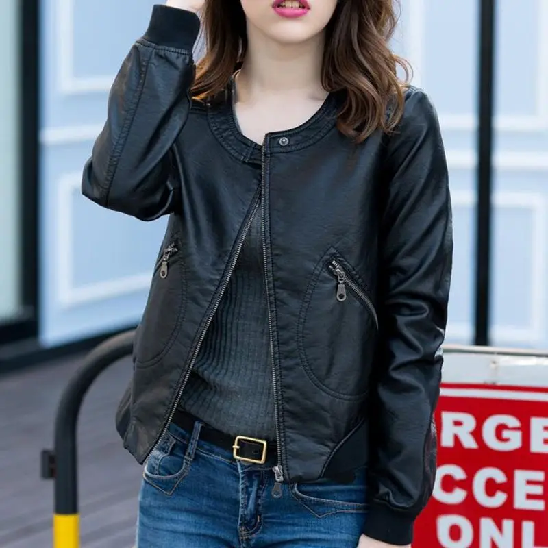 4xl Longues À Femmes Col Manches Qmgood Zipper 2018 Rond Automne Locomotive Printemps Mode Noir Nouveau En Cuir Pu Veste OwUOqC1xZ
