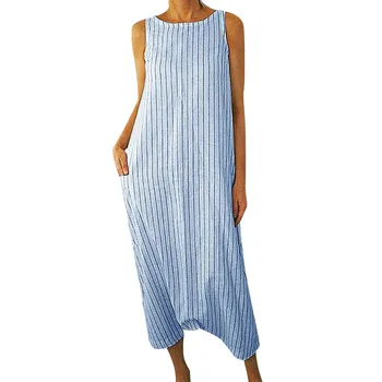 

KLV 2019 Summer new style Women Casual Striped Sleeveless Dress O Neck Cotton Pocket Long Dress free shipping D4
