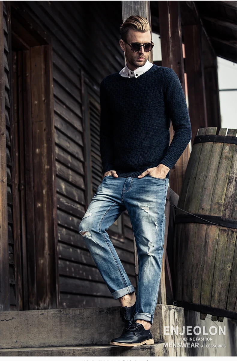 Бренд Enjeolon, джинсы высшего качества, мужские длинные брюки, узкие прямые джинсы, Мужские одноцветные штаны с дырками, NZ026