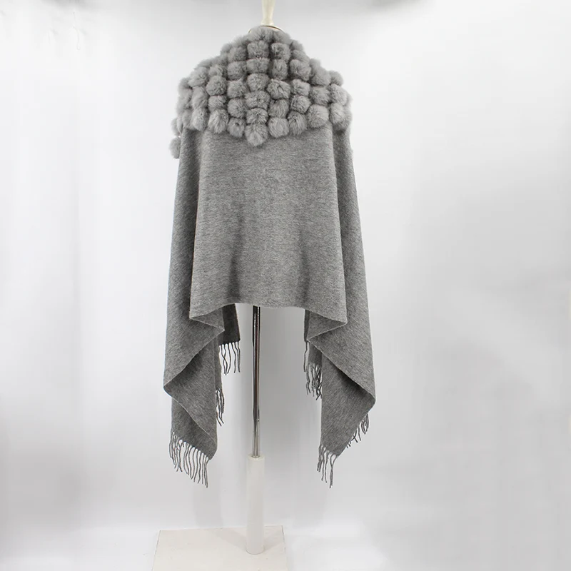100% sheep fur cashmere shawl with real rabbit fur balls (21)