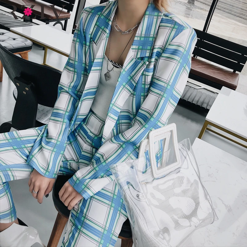 

RZIV Autumn women two piece set casual plaid double-breasted suit women suit blazer and pants