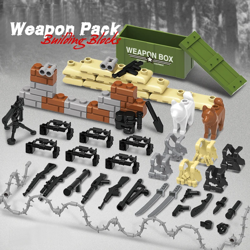 

Military Accessories Weapons Box Guns Pack Vest SWAT Team Building Blocks City Police WW2 Army Soldiers Bricks toys for children