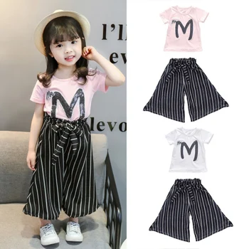 

Fashion Baby Girl Clothes Set Letter Print Short Sleeve T-shirt+Stripe Wide Leg Casual Long Pants