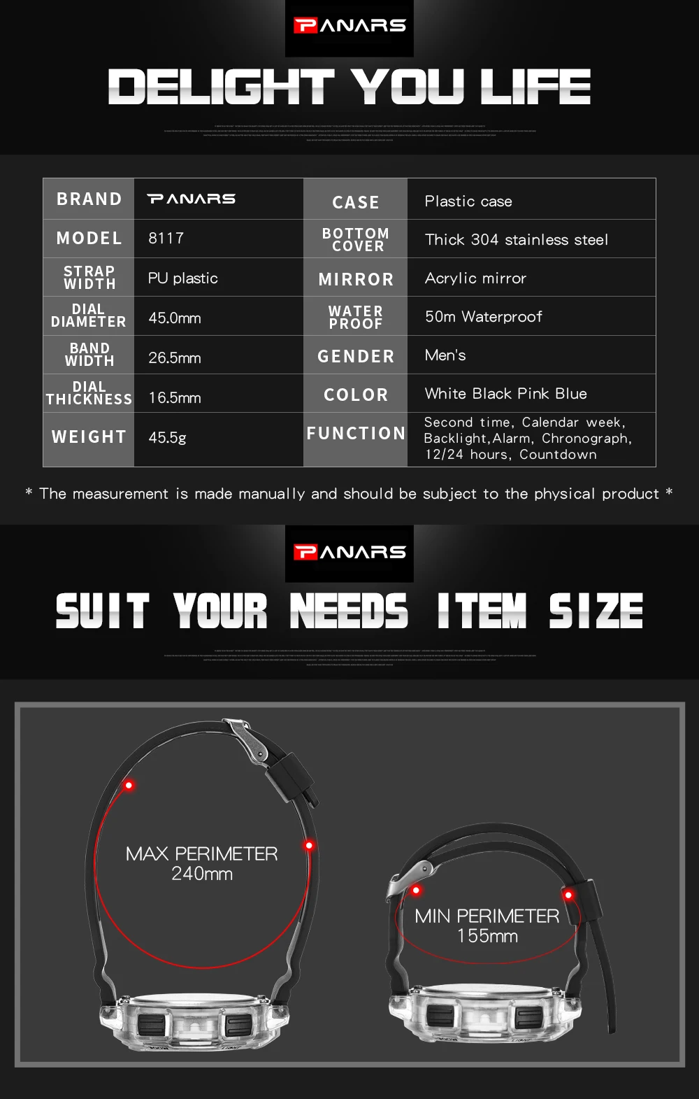 Children's Watches 50m Waterproof PANARS LED Multifunction Dual Tim Digital Kids Wrist Watches Children Watch For Boy Girl