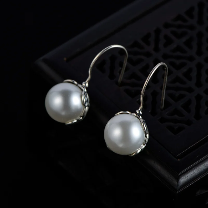 

2019 Fashion Lady Round Shell Pearls Dangle Earrings 925 Sterling Silver Drop Earring Women Jewelry kolczyki pendientes brincos