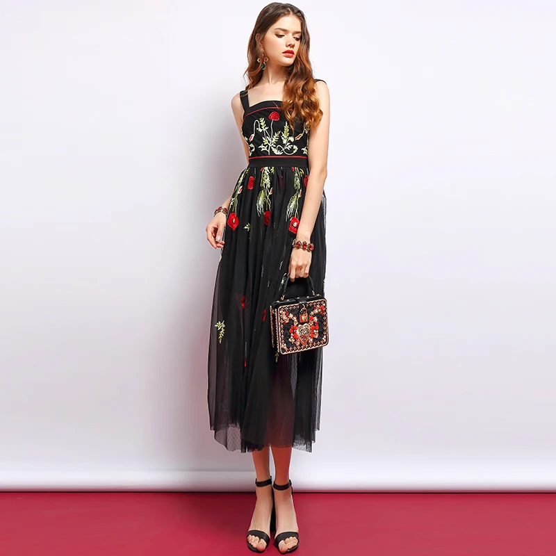 Женское многослойное платье LD LINDA DELLA, сетчатое винтажное модельное платье черного цвета на бретелях-спагетти с открытой спиной и цветочной вышивкой, лето