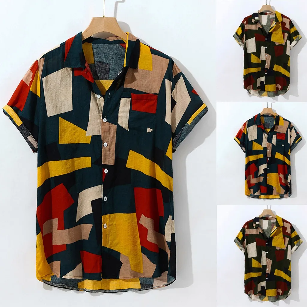 

2019 New Arrival Summer Fashion Men's PrintED Hawaiian Loose Short Sleeve Casual Buttons Two Color Blouse Camicia da uomo nuova