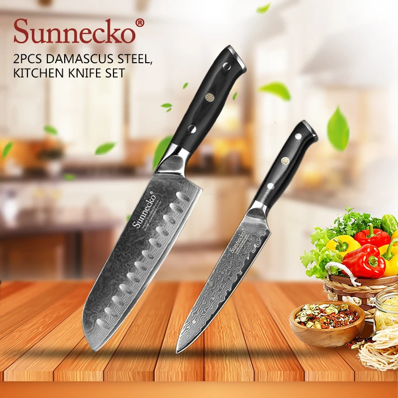 

SUNNECKO 2PCS Kitchen Knives Set Santoku Utility Knife Japanese 73-Layer Damascus VG10 Steel Razor Sharp Cutting Tool G10 Handle