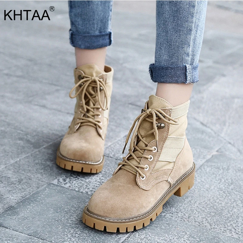 

Autumn Women Faux Suede Lace Up Ankle Boots Female Casual Platform Low Heel Shoes Ladies Brown Patchwork Canvas Footwear