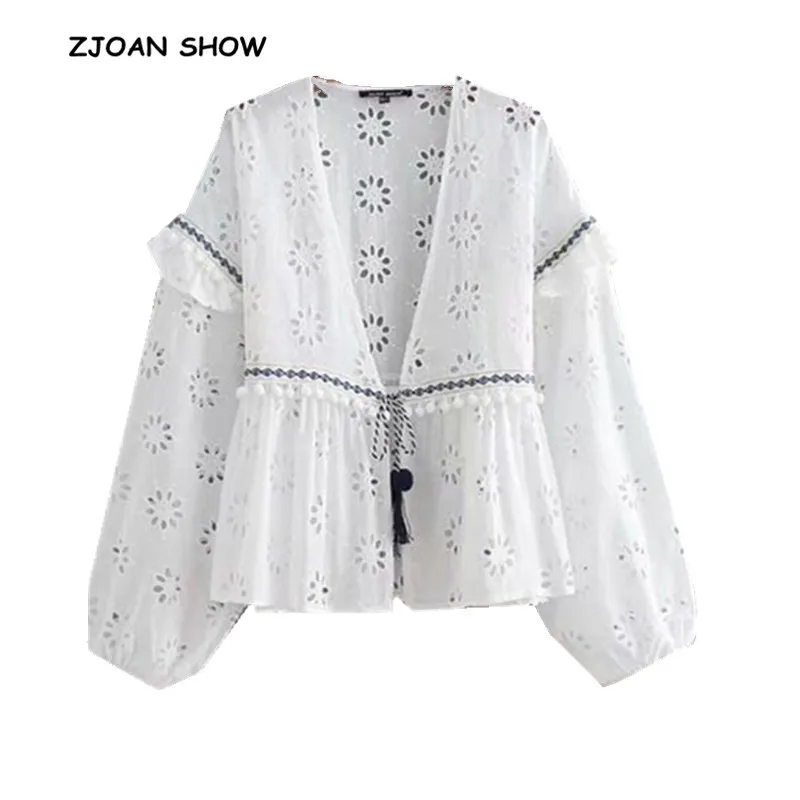 

Bohemian Ethnic Embridery Hollow Out Flower Patchwork Ball Tassel White Shirt Ethnic Strappy Lace Up Cardigan Blouse Tops