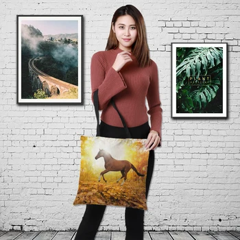 

Cute oil Horse Printed Luxury Women Large Shopping Bag Tote Sholder Bag for Ladies Linen Handbag Bag Woman traveling pack