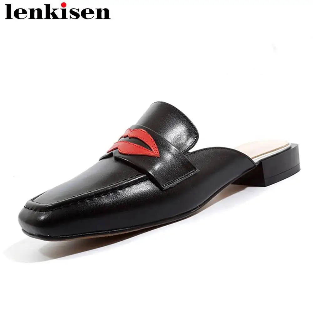 

Lenkisen red lips full grain leather big size low heels square toe women pumps vintage mules European designer party shoes L13