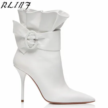 

RLINF Large Size Women's Shoes White Rose Red Black Pleated Pointed High Heel Women's Boots SIZE 34-46