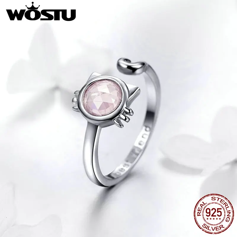 

WOSTU Kitty Cat Tail Rings 925 Sterling Silver Pink Crystal Ring Adjustable Size Finger For Women Girls Lovely Jewelry FNR033