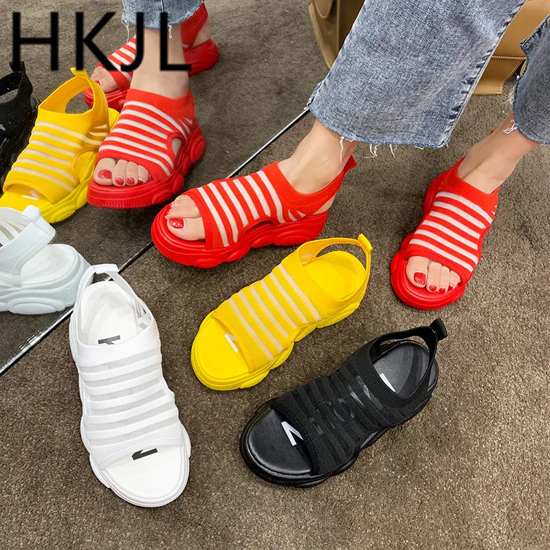 

HKJL Women's sandal 2019 new Korean version casual bear base sandal stripe women's shoes fashion sponge bottom A627