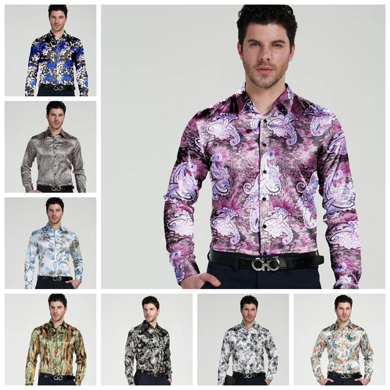 Дизайн мужские Цветочный Рисунок Формальные Повседневное рубашки Slim Fit жениха/женихов атласное платье рубашка S17