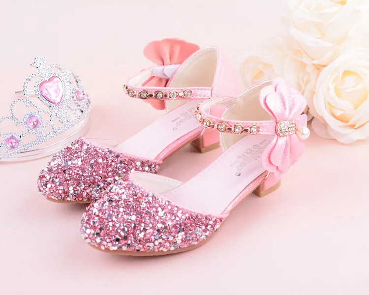 Girls Bow-knot Princess Shoes with High-Heeled, Kids Glitter Dance Performance Summer Shoes, Purple, Pink& Silver 26-38