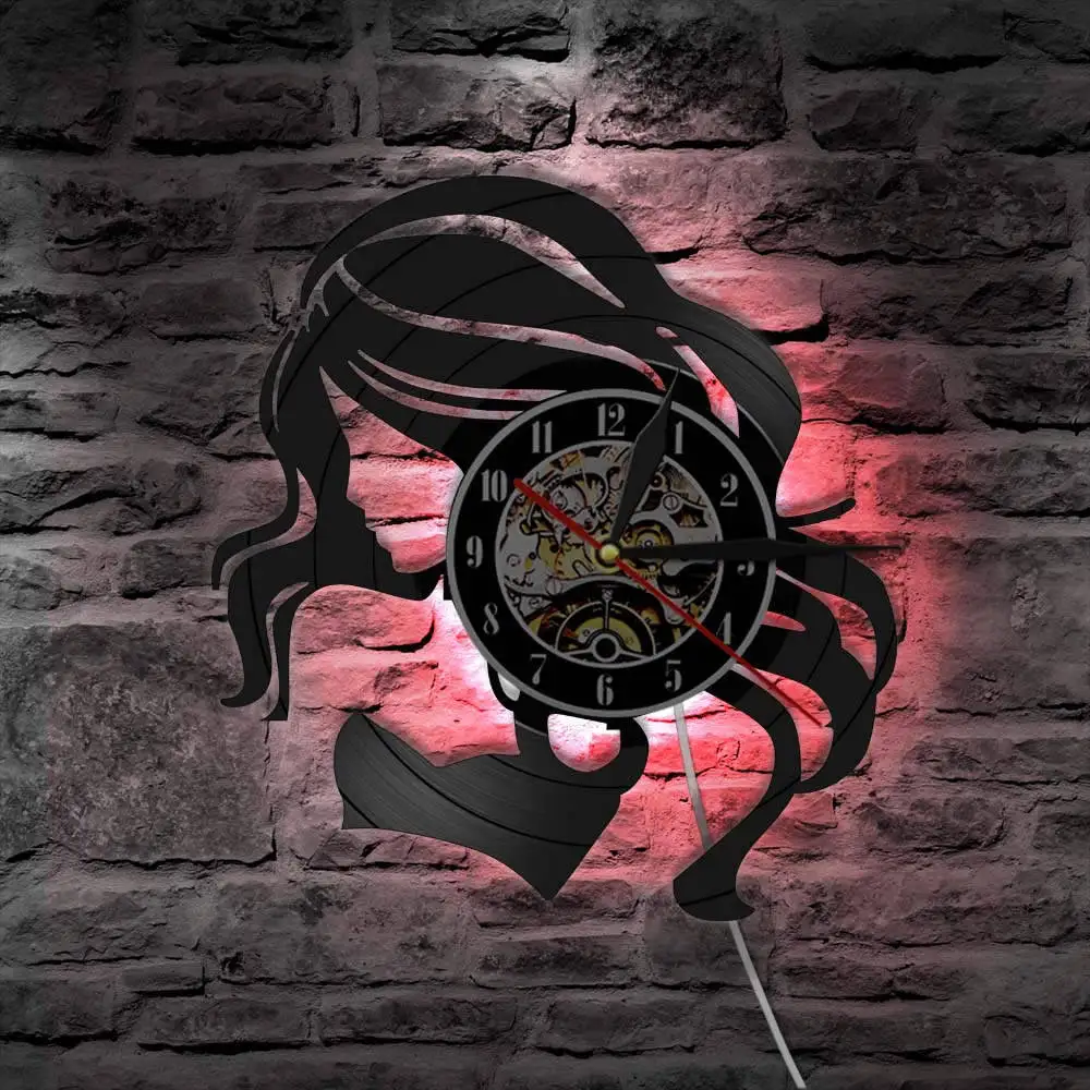 

Sexy Lady With Long Hair Modern Vinyl Record Wall Clock Beauty Salon Business Sign Woman HairCare Barber Shop Wall Clock Watch
