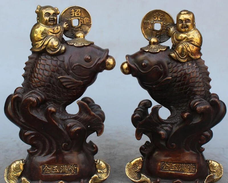

9" Chinese Bronze Gilt Money Wealth Rich Lad Boy Girl Garr Ride Fish Statue Pair R0709