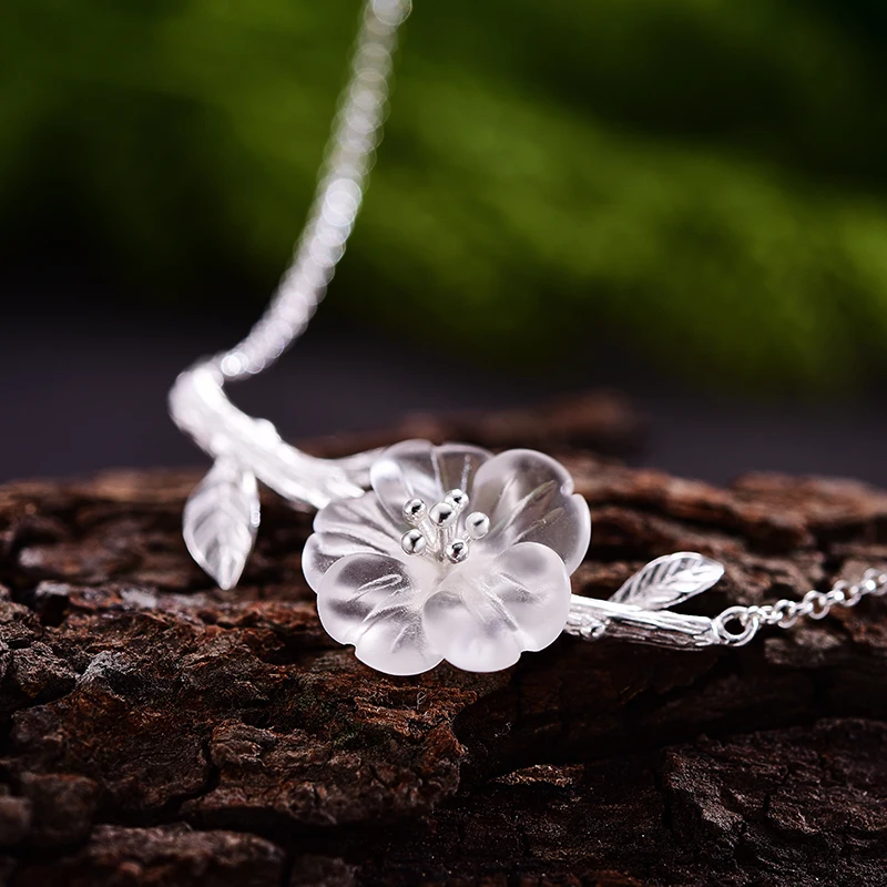Lotus Fun Genuine 925 Sterling Silver Pendants Necklaces for Women Leaf Flower clear quartz crystal necklace valentines day gift