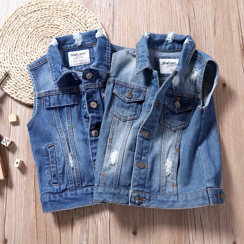 

Boy hole denim vest spring and autumn new boy casual waistcoat male baby vest jacket slim short paragraph
