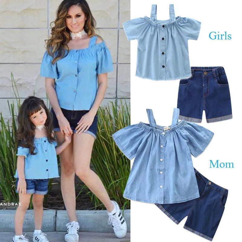 

Toddler Fashion Family Clothes Mother Daughter Matching Clothes Set Outfit Clothes Denim Top+Shorts 2pcs set