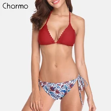 Charmo Scalloped Bikini Sets Floral Print Bikini Halter Top Swimwear Bandage Sexy Swimsuit Beachwear halter-neck bikini tie knot skeleton hand print halter neck top