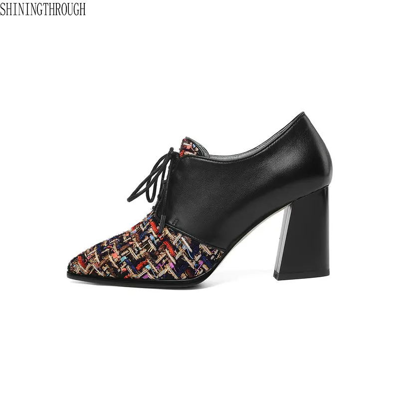 

Women's Genuine Leather Patchwork Lace-up Pumps Brand Designer Thick High Heel Spring Autumn High Quality Punk Shoes for Women