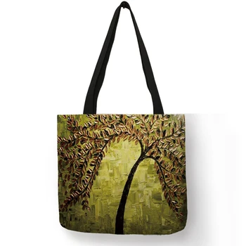 Customized Cherry Blossom Oil Paint Tote Bag For Women Lady Elegant Handbags Reusable Linen Shopping Bags Double Side Print 5