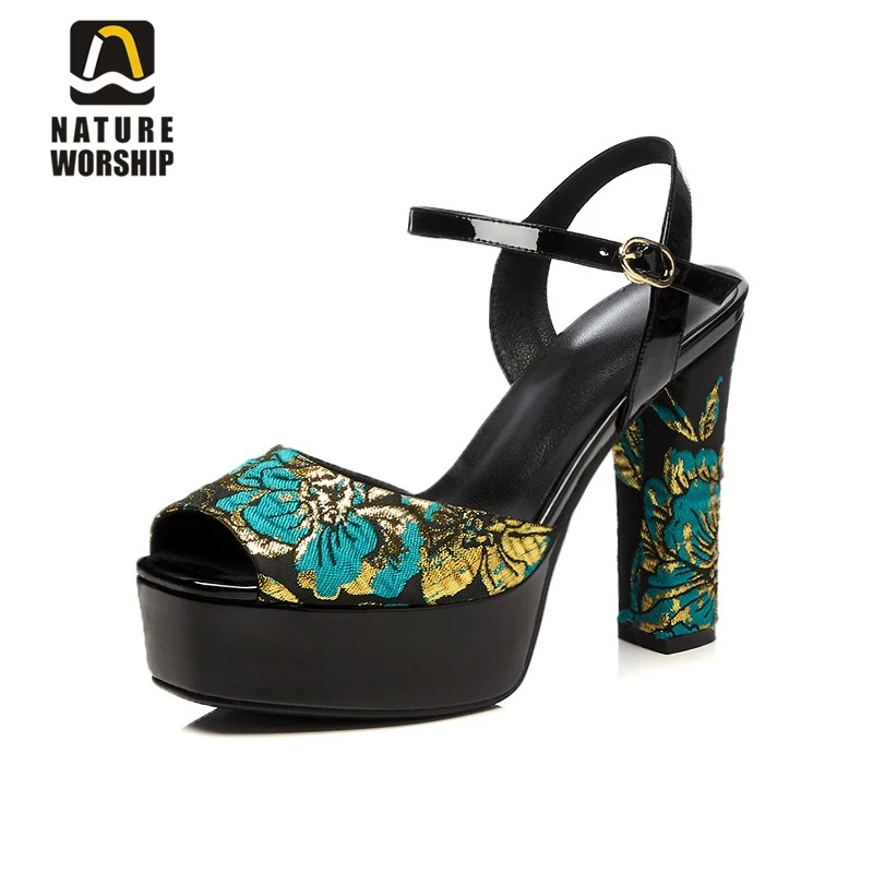 

Nature Worship New Genuine Leather Platform Shoes Super High Square Heel Women Elegant Shoes Ankle Strap Summer Sandals Big Size