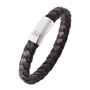 Joyería Vintage para hombres, pulsera de cordón de cuero tejido mezclado negro marrón, cierre magnético de acero inoxidable, pulseras punk PW759 para hombres
