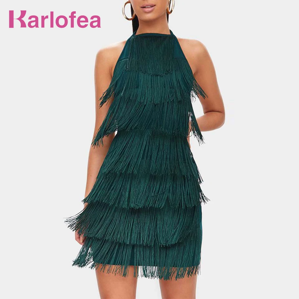 

Karlofea Tassel Mini Party Dress For Women Club Night Wear Sexy Backless Lace Up Halter Partywear Layer Fringe Elegant Dresses