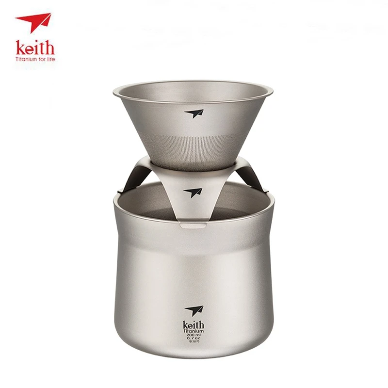 

Keith Pure Titanium Coffee Cup Hand Coffee Pot Titanium Tea Cup Set with Titanium Filter Funnel Lightweight 108g 220ml Ti3911